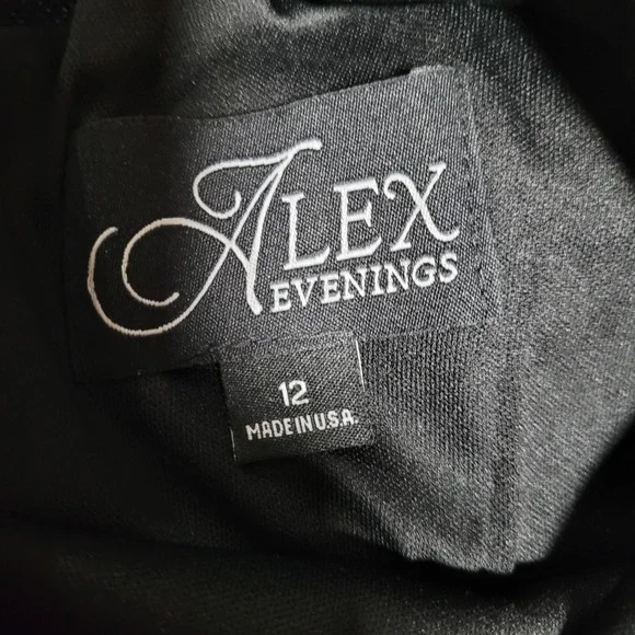 Alex Evenings Black Metallic Ruched Gown Dress with Embellished Sleeves Size 12